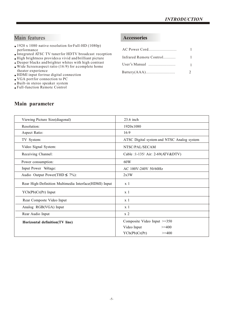 Т³гж 6, Main features, Main parameter | Introduction, Accessories | VIORE LC24VXF60PB User Manual | Page 6 / 17