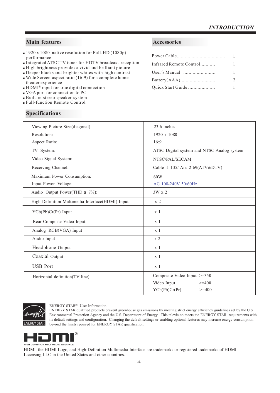 Introduction accessories, Main features, Specifications | VIORE LC24VF56GM User Manual | Page 5 / 18