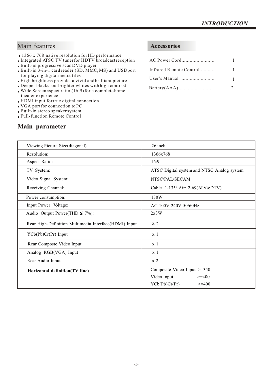 Т³гж 6, Main features, Main parameter | Introduction, Accessories | VIORE LCD26VH56 User Manual | Page 6 / 22