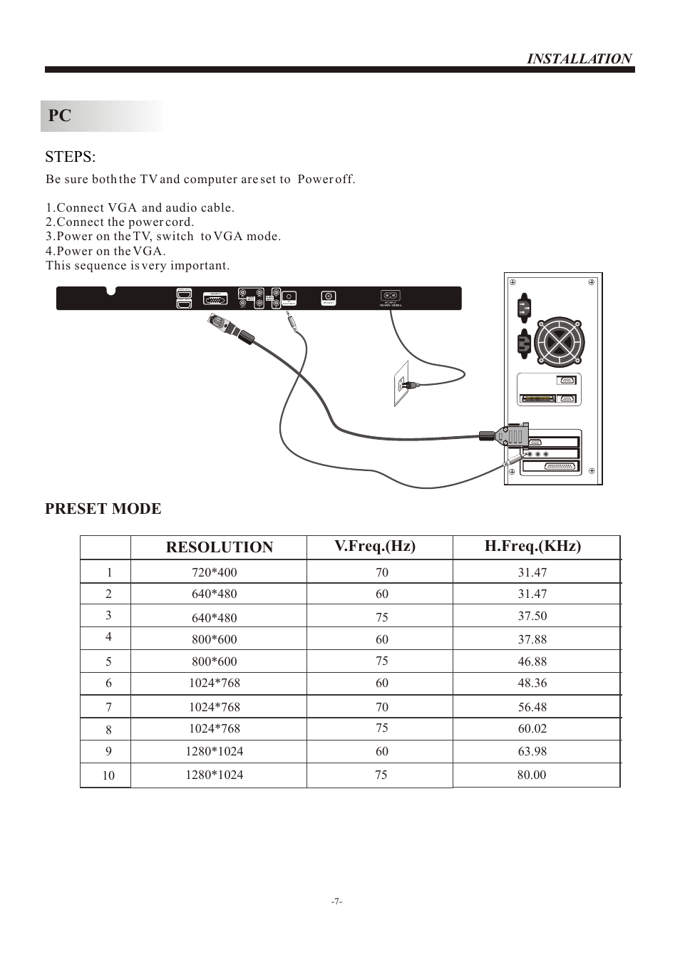Т³гж 8, Steps, Preset mode | Resolution v.freq.(hz) h.freq.(khz), Installation | VIORE LC26VH56 User Manual | Page 8 / 17