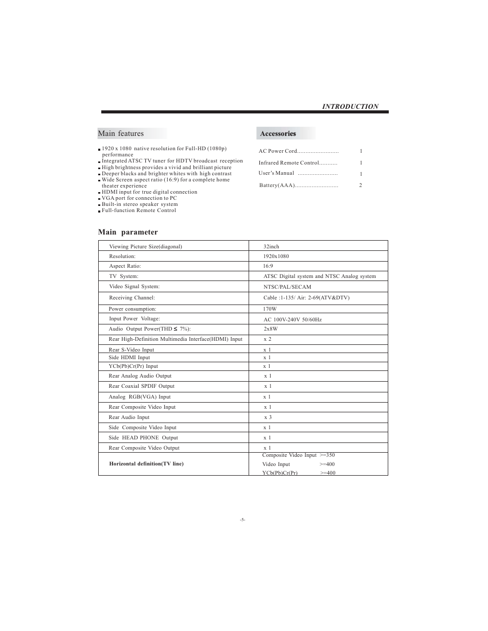 Main features, Main parameter, Introduction | Accessories | VIORE LC32VF56 User Manual | Page 6 / 17