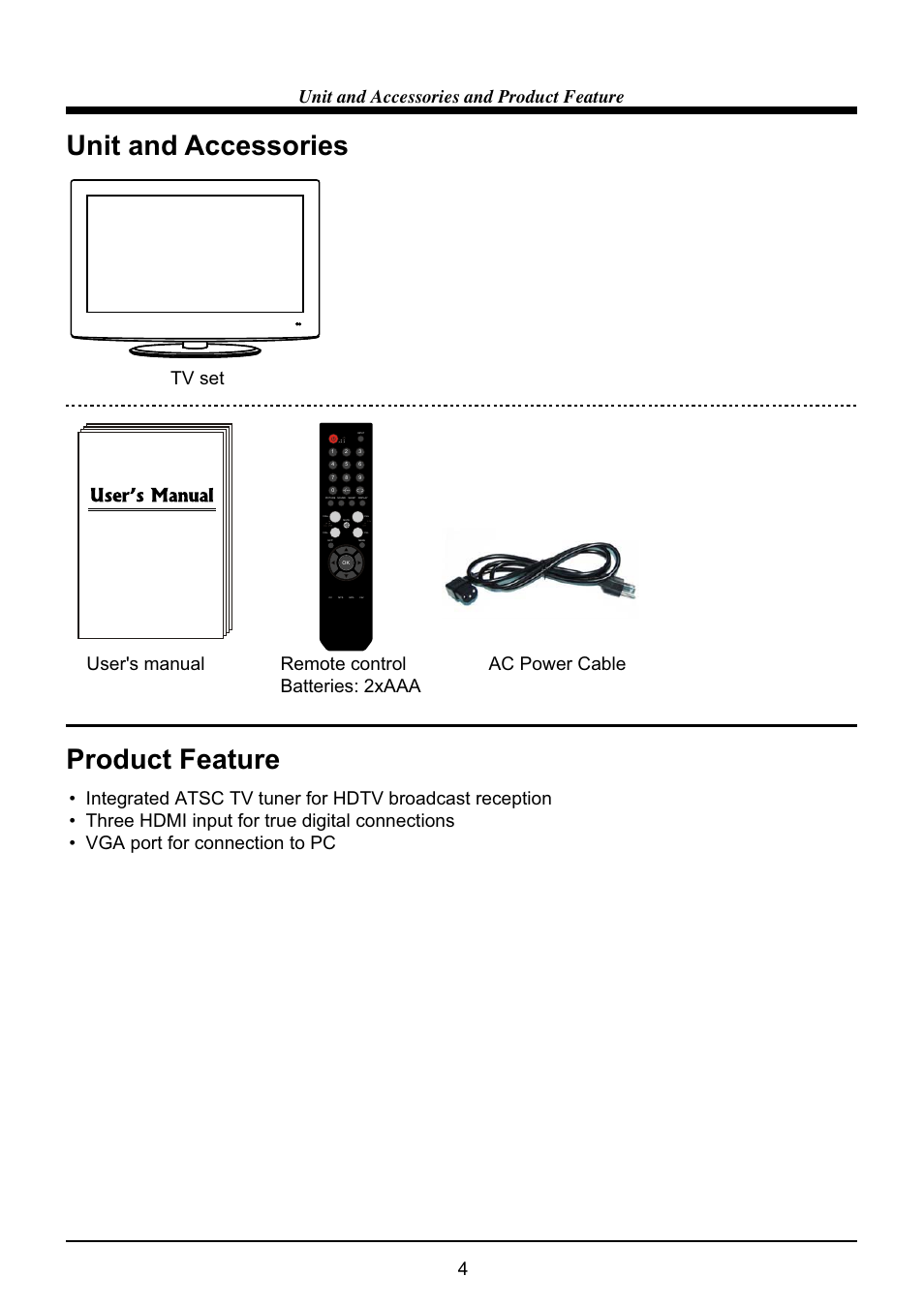 Unit and accessories, Product feature, Unit and accessories and product feature | VIORE LC32VH60 User Manual | Page 6 / 24