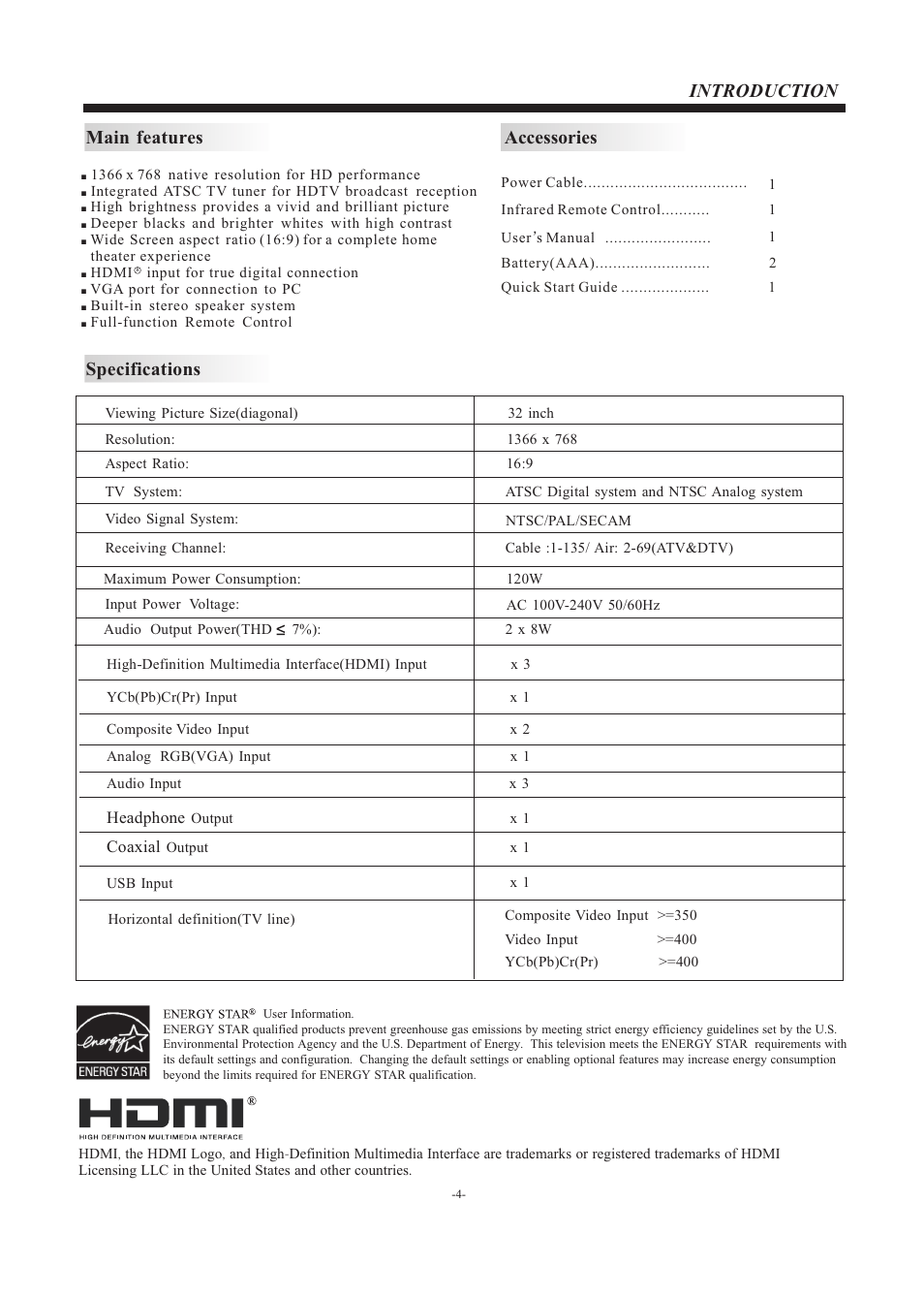 Introduction accessories, Main features, Specifications | VIORE LC32VH70 User Manual | Page 5 / 18