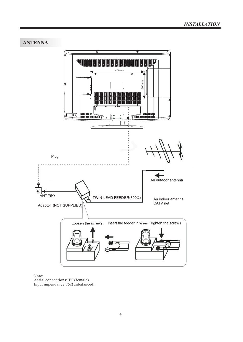 Antenna, Installation | VIORE LC32VH70 User Manual | Page 8 / 18