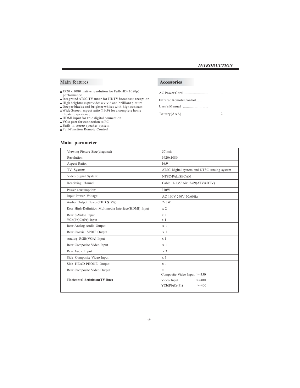 Main features, Main parameter, Introduction | Accessories | VIORE LC37VF56 User Manual | Page 6 / 19