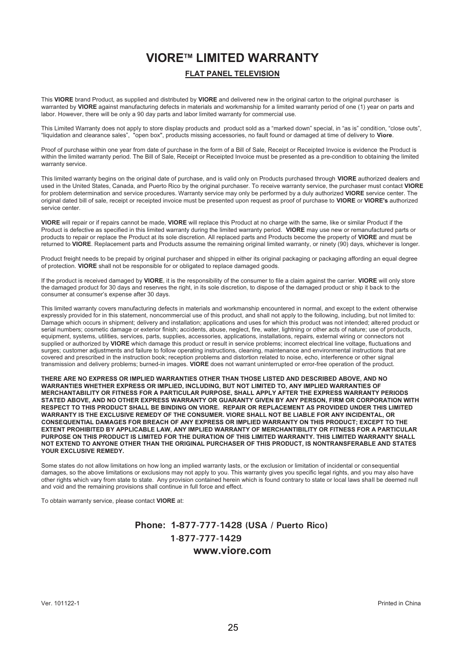 Viore, Limited warranty | VIORE LC37VF60CN User Manual | Page 27 / 28
