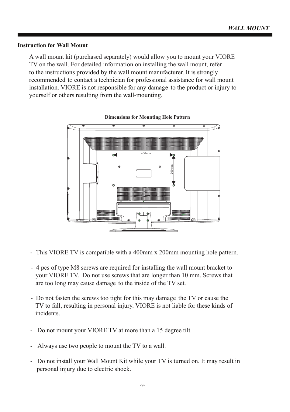 页 10, Wall mount | VIORE LC42VF56 User Manual | Page 10 / 17