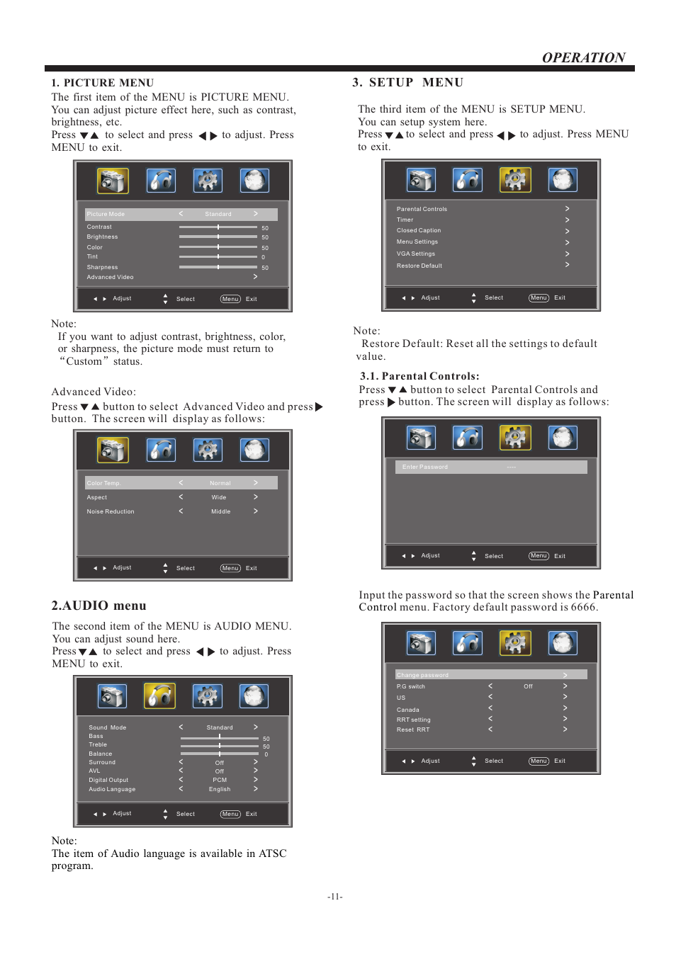 页 12, Operation, Audio menu | Setup menu | VIORE LC42VF56 User Manual | Page 12 / 17