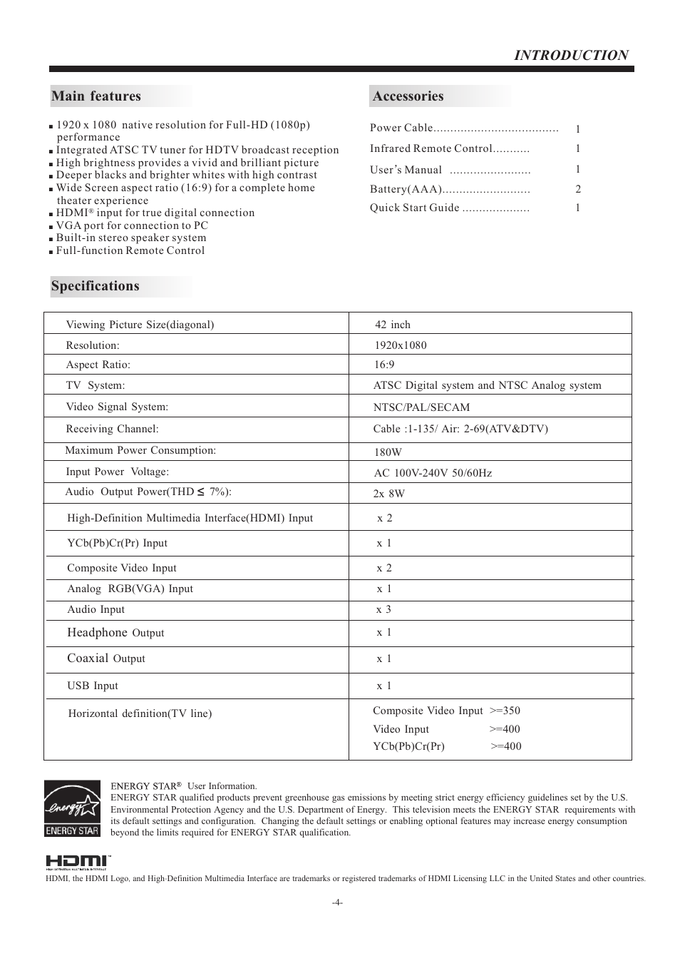 Introduction accessories, Main features, Specifications | Headphone, Coaxial | VIORE LC42VF56 User Manual | Page 5 / 17