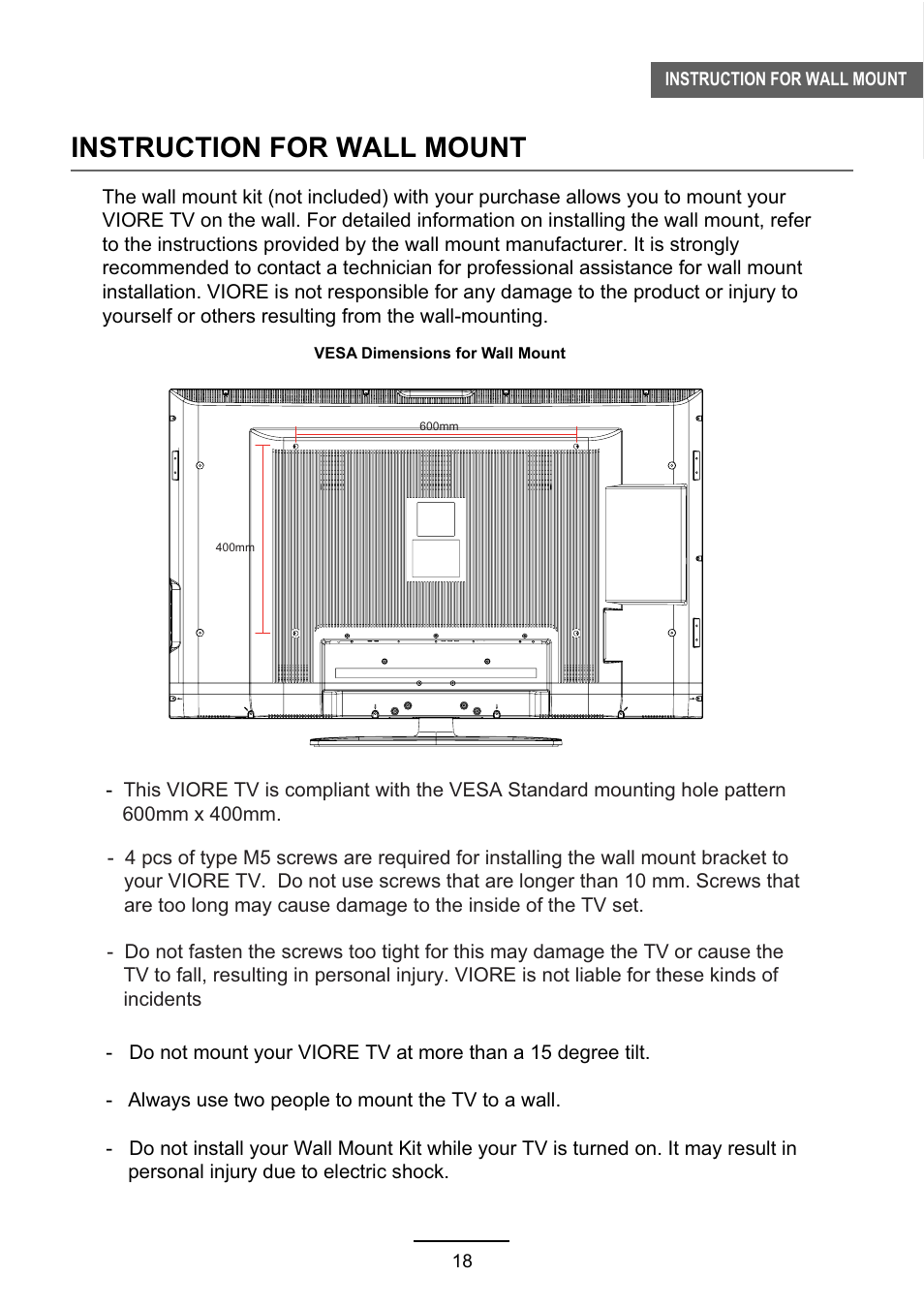 Instruction for wall mount | VIORE LC46VF60 User Manual | Page 21 / 24