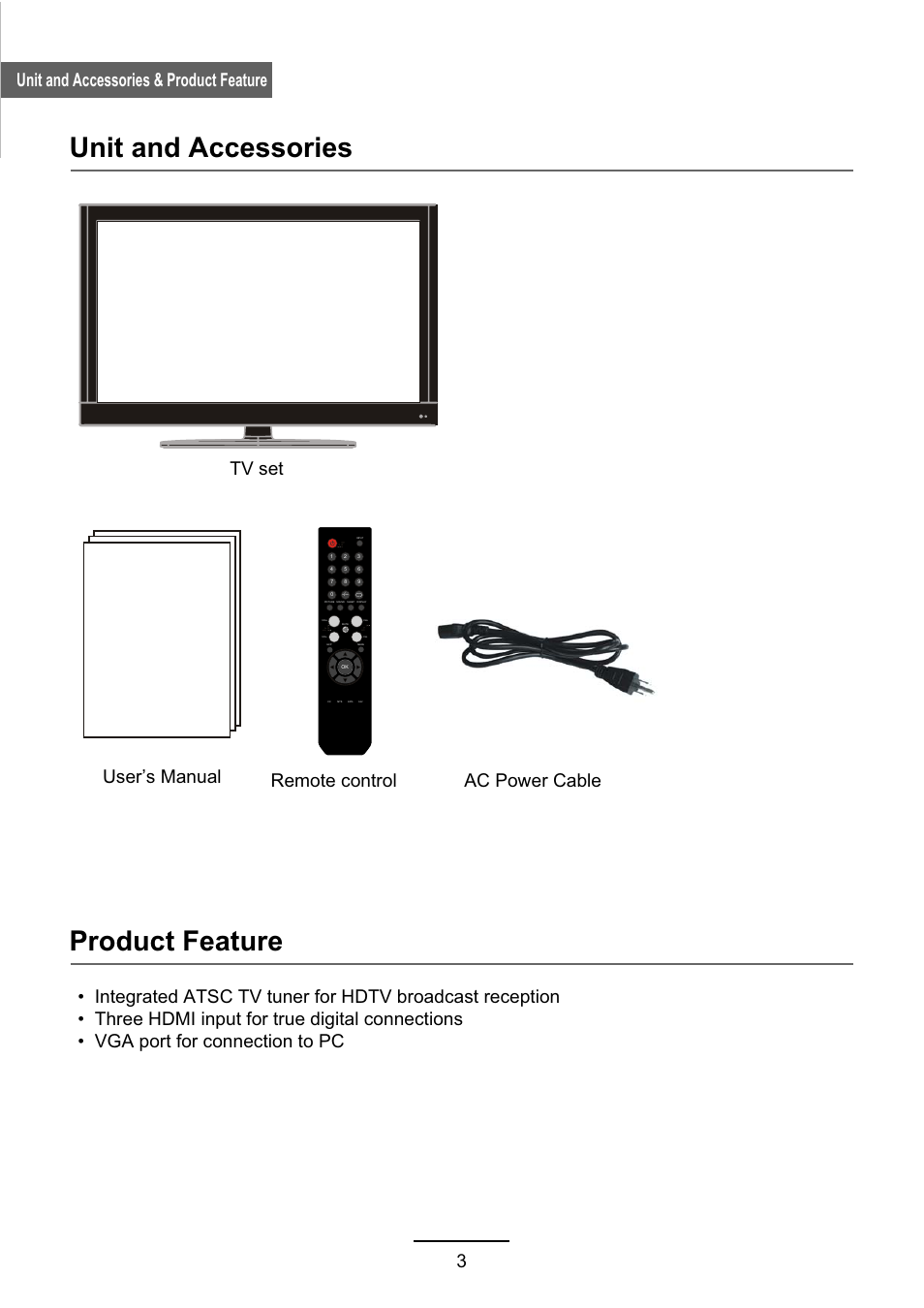 Unit and accessories, Product feature, 3unit and accessories & product feature | User’s manual remote control | VIORE LC46VF60 User Manual | Page 6 / 24