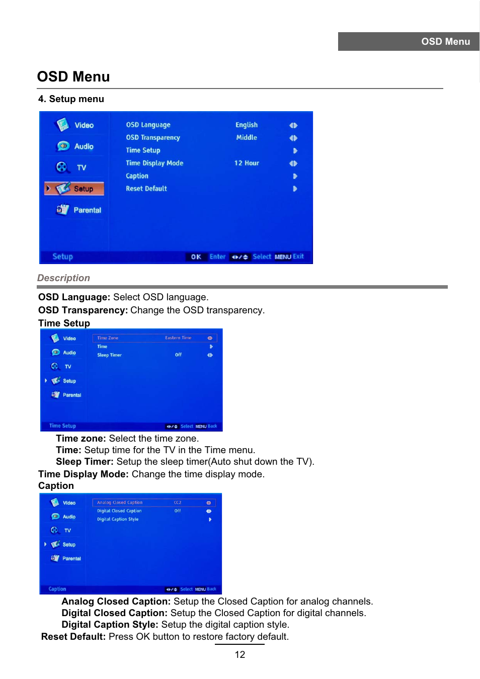 Osd menu | VIORE LC55VFZ61 User Manual | Page 15 / 24