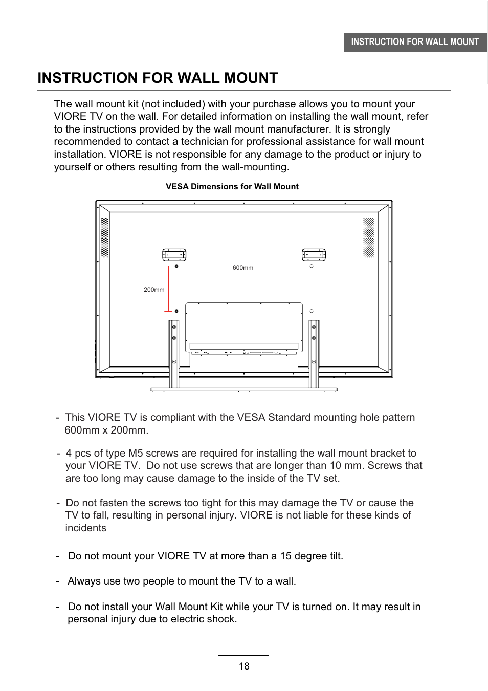 Instruction for wall mount | VIORE LC55VFZ61 User Manual | Page 21 / 24