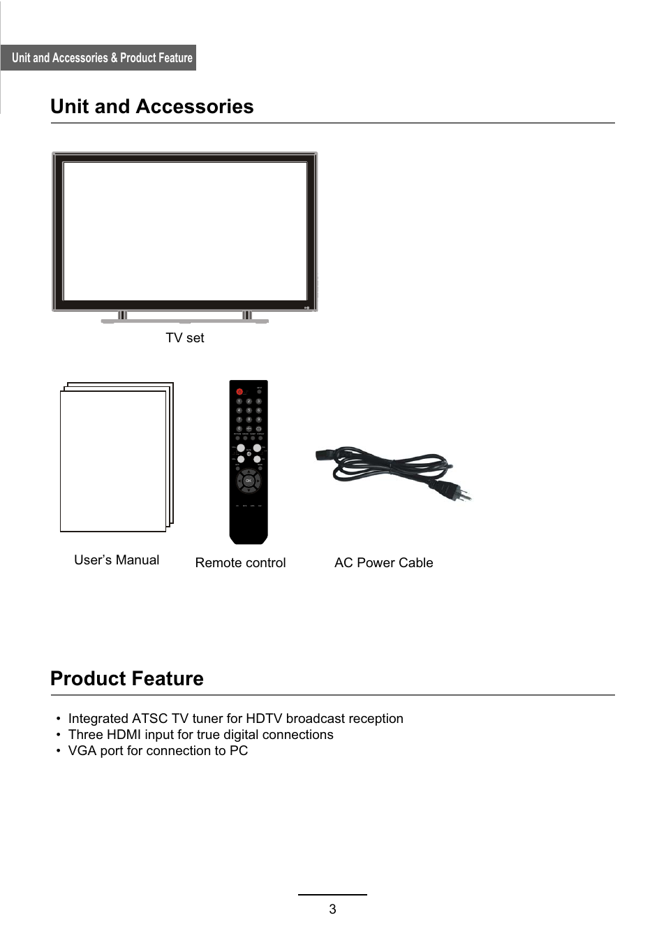 Unit and accessories, Product feature, 3unit and accessories & product feature | User’s manual remote control | VIORE LC55VFZ61 User Manual | Page 6 / 24