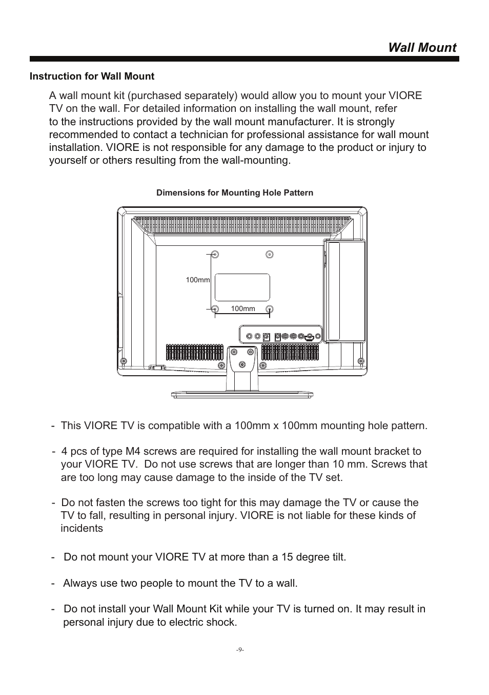 页 10, Wall mount | VIORE LED19VH50 User Manual | Page 10 / 19