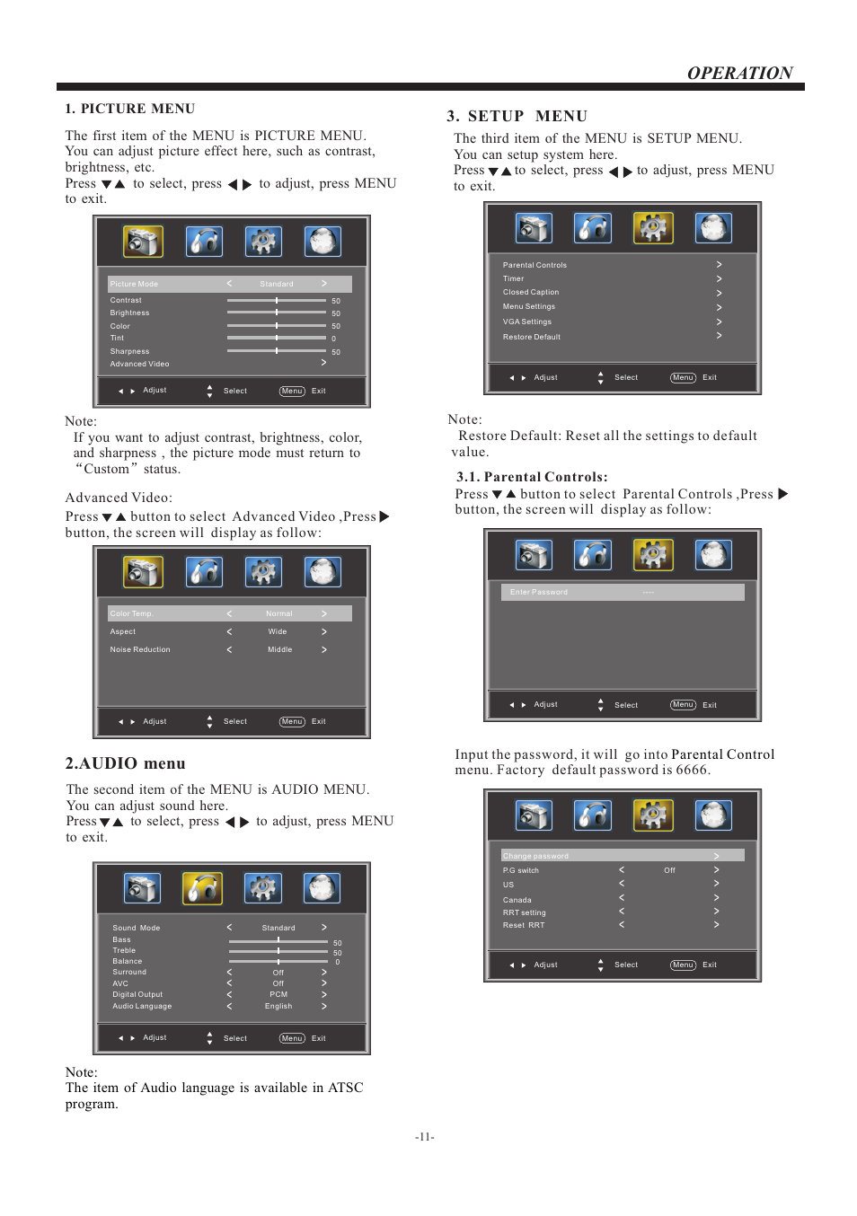 页 12, Operation, Audio menu | Setup menu, Picture menu | VIORE LED19VH50 User Manual | Page 12 / 19