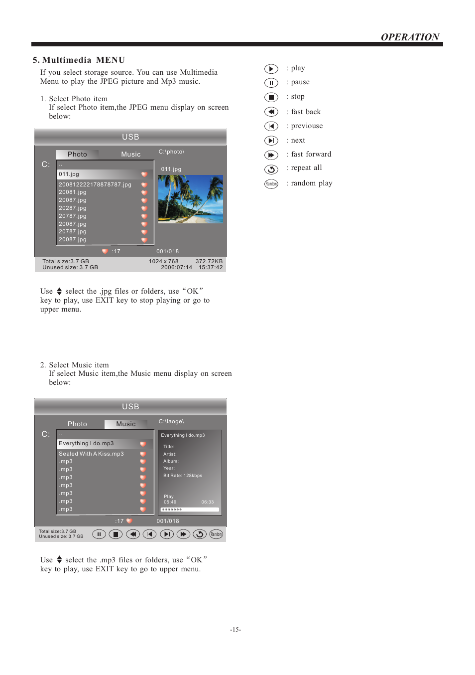 页 16, Operation, Multimedia menu | VIORE LED19VH50 User Manual | Page 16 / 19