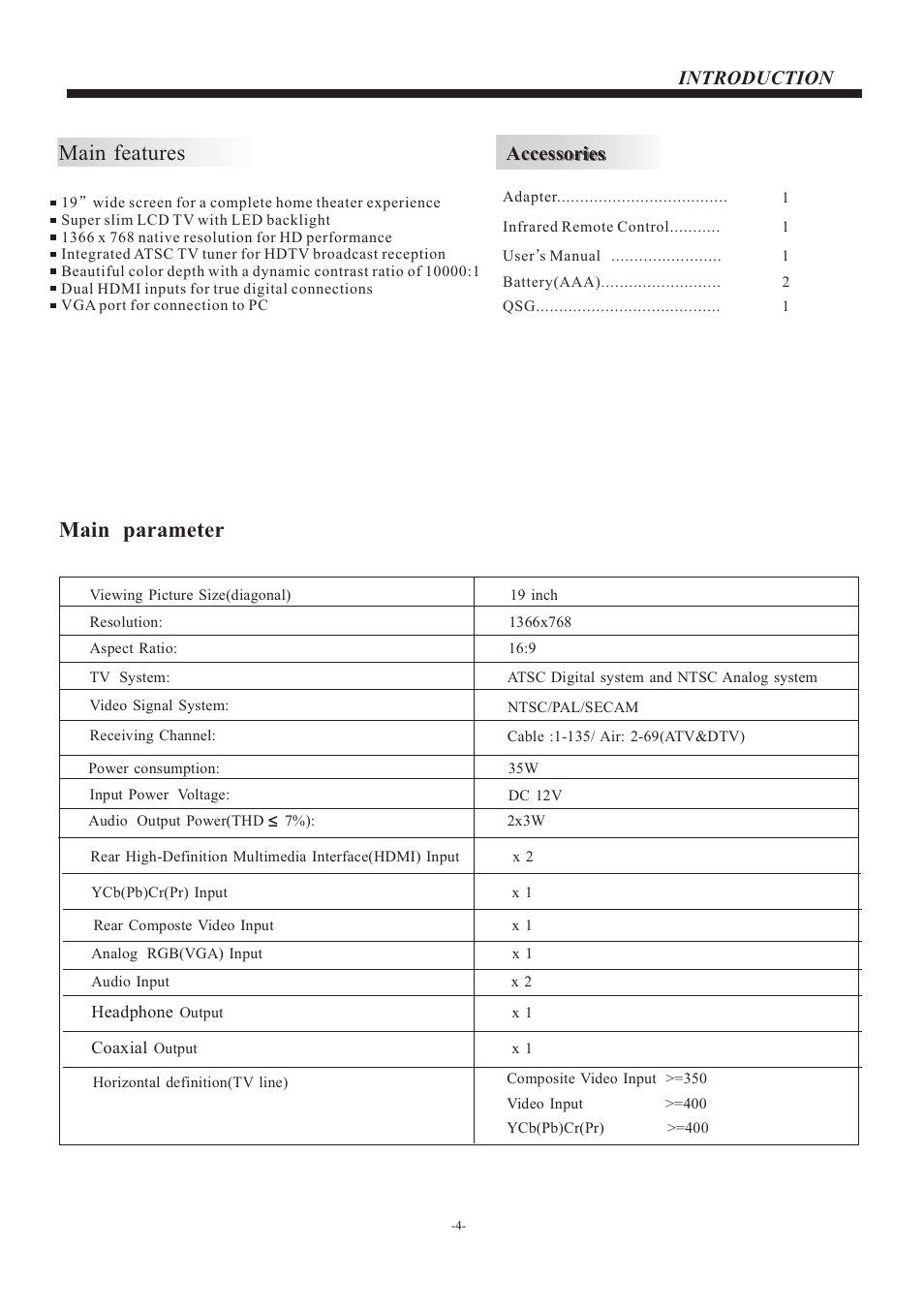Main features, Main parameter, Introduction | Accessories | VIORE LED19VH50 User Manual | Page 5 / 19