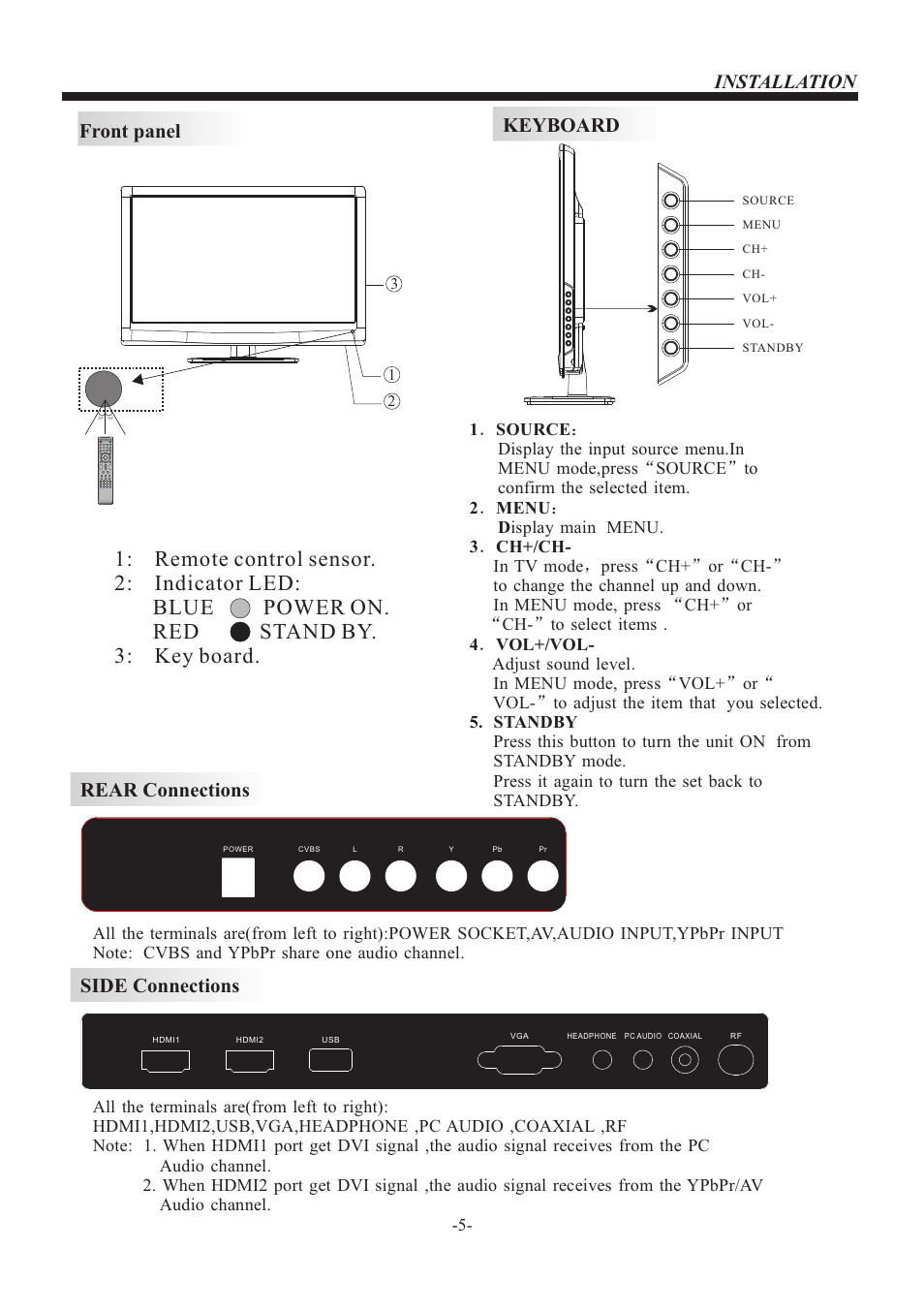Installation keyboard, Front panel, Rear connections | Side connections | VIORE LED19VH50 User Manual | Page 6 / 19