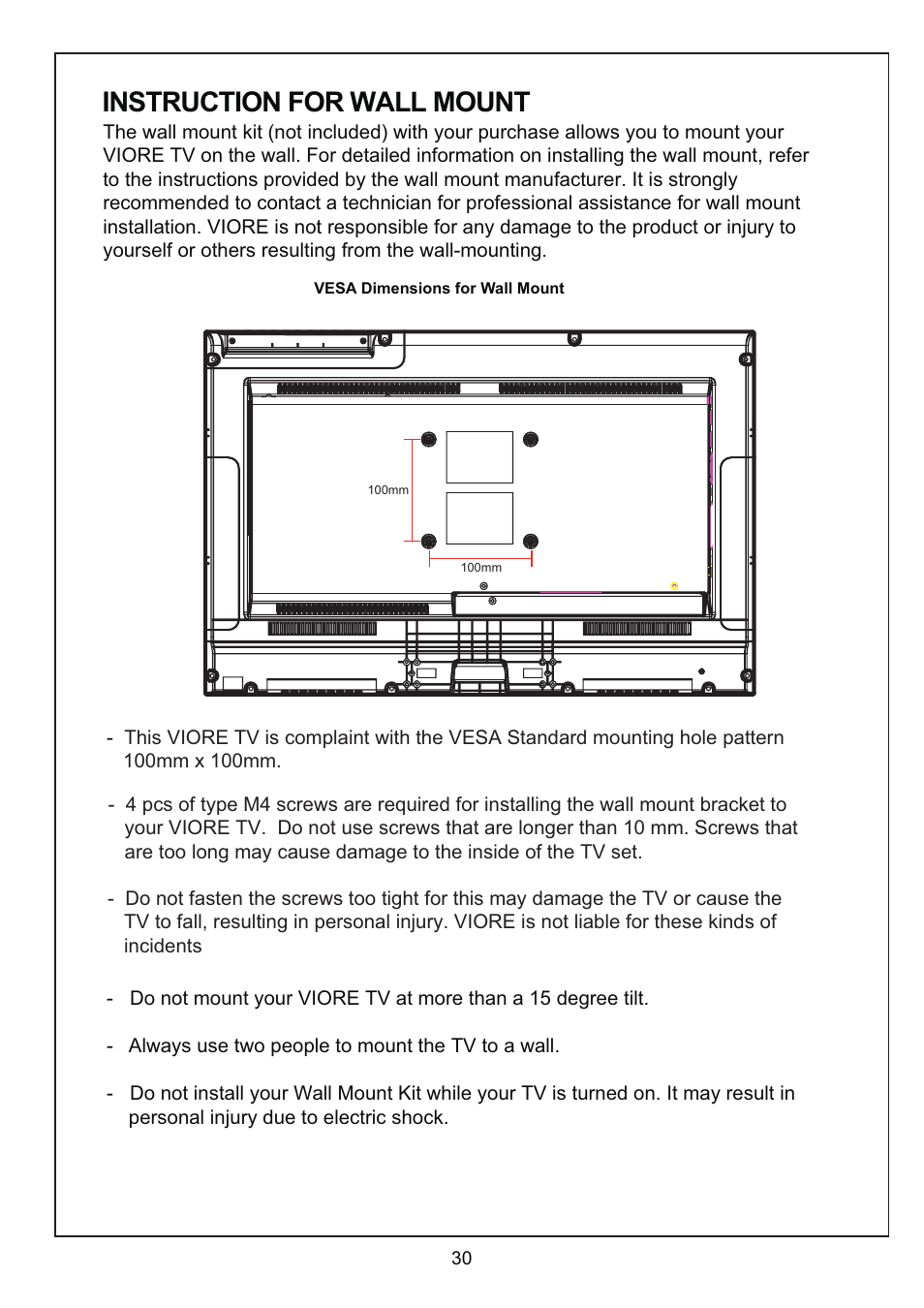 Instruction for wall mount | VIORE LED19VH65D User Manual | Page 32 / 36
