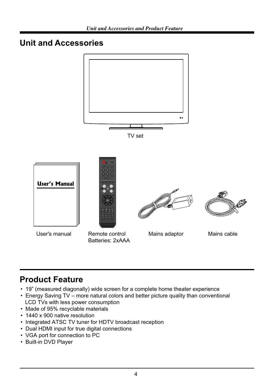 Unit and accessories, Product feature, 4unit and accessories and product feature | VIORE LED19VH65D User Manual | Page 6 / 36