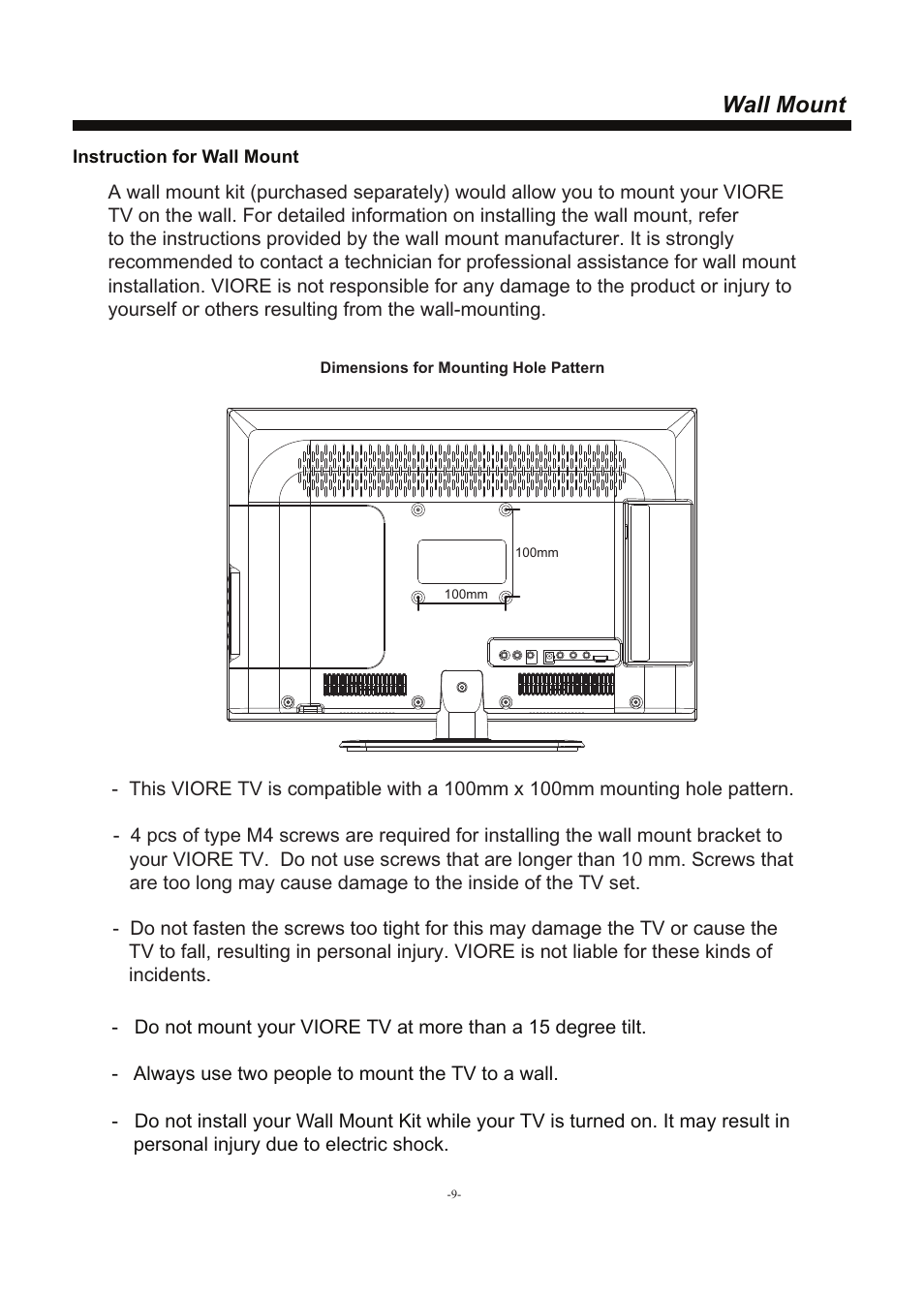 Wall mount | VIORE LED22VH50 User Manual | Page 10 / 18
