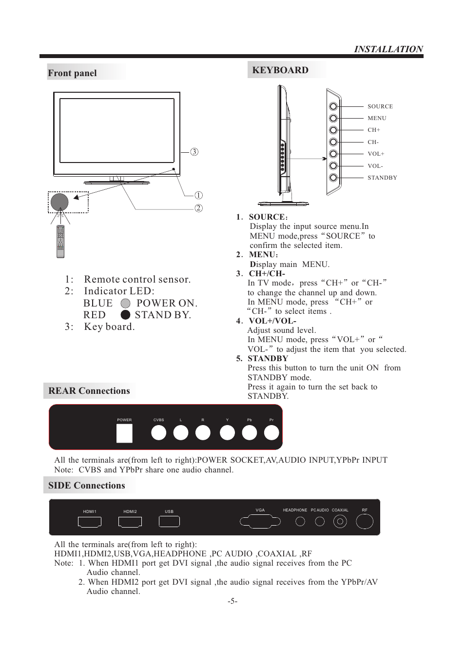 Keyboard, Front panel, Rear connections | Side connections, Installation | VIORE LED22VH50 User Manual | Page 6 / 18