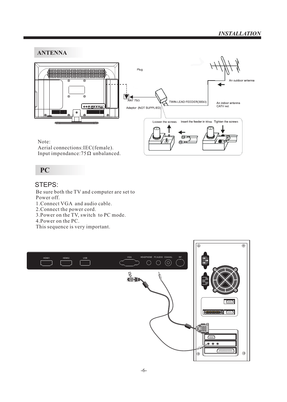 Steps, Antenna, Installation | VIORE LED22VH50 User Manual | Page 7 / 18