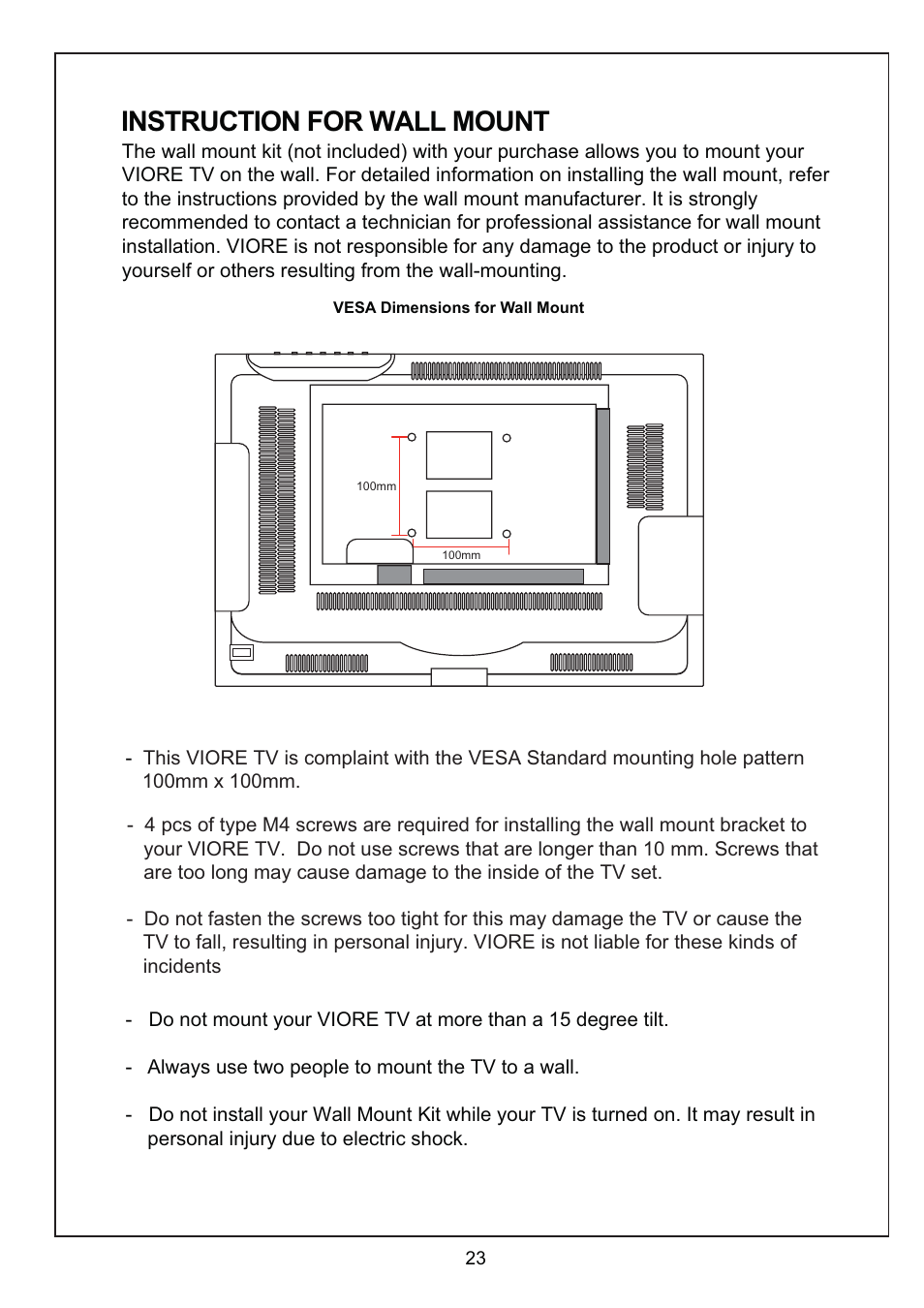 Instruction for wall mount | VIORE LED22VH60 User Manual | Page 25 / 28