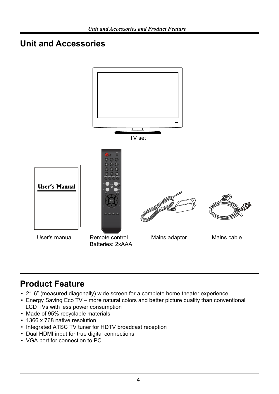 Unit and accessories, Product feature, 4unit and accessories and product feature | VIORE LED22VH60 User Manual | Page 6 / 28