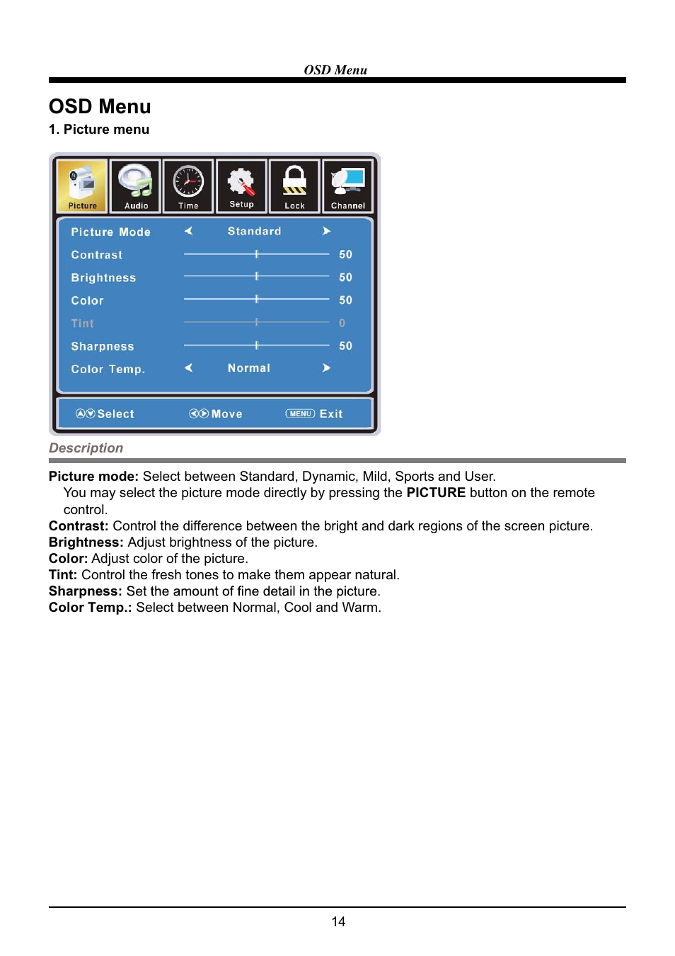 Osd menu | VIORE LED24VF65D User Manual | Page 16 / 36