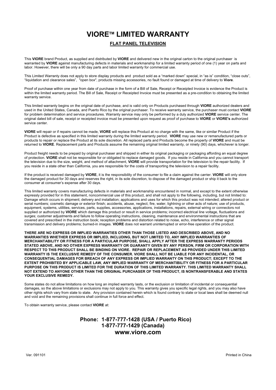 Viore, Limited warranty | VIORE LED24VF65D User Manual | Page 33 / 36