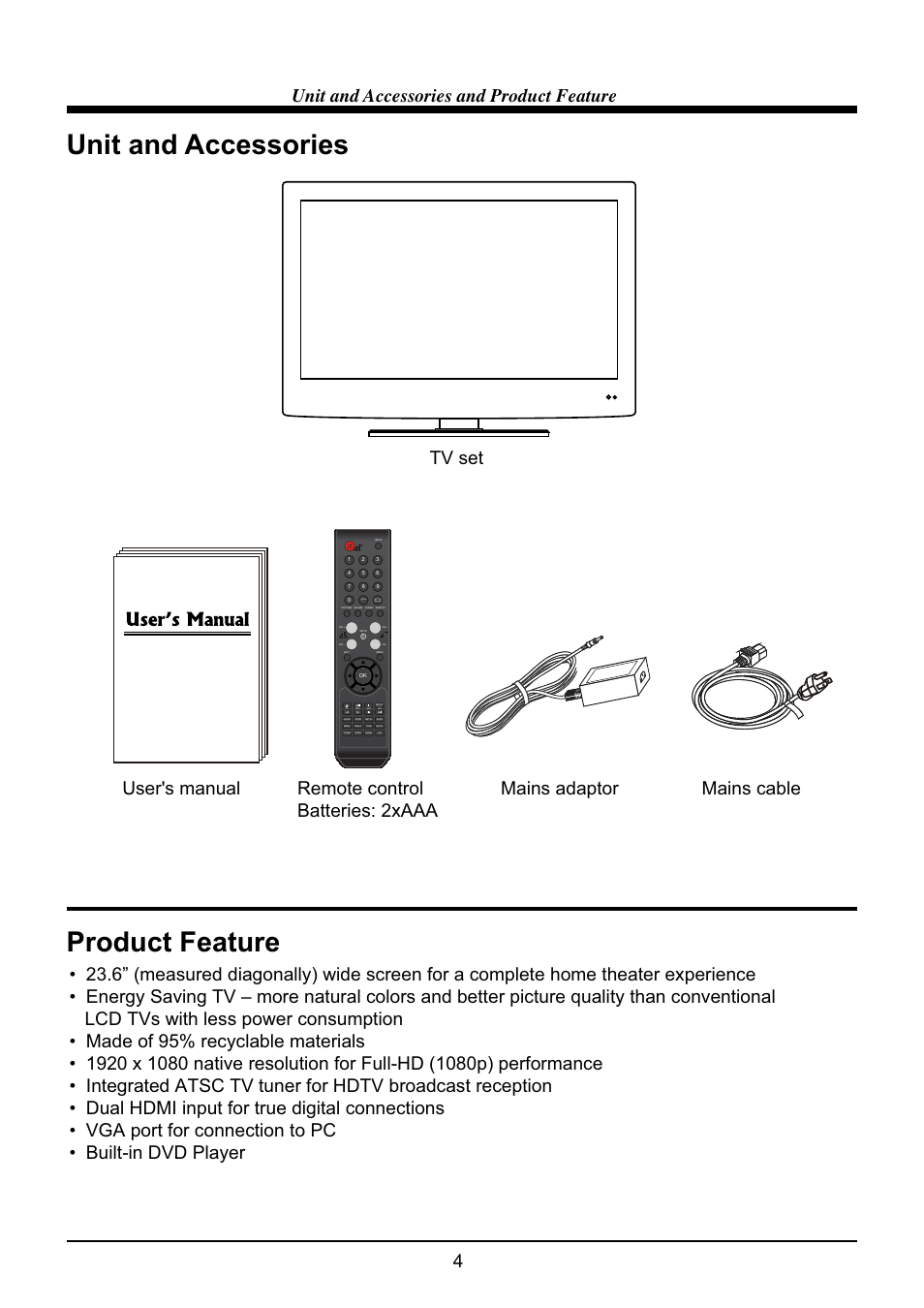 Unit and accessories, Product feature, 4unit and accessories and product feature | VIORE LED24VF65D User Manual | Page 6 / 36