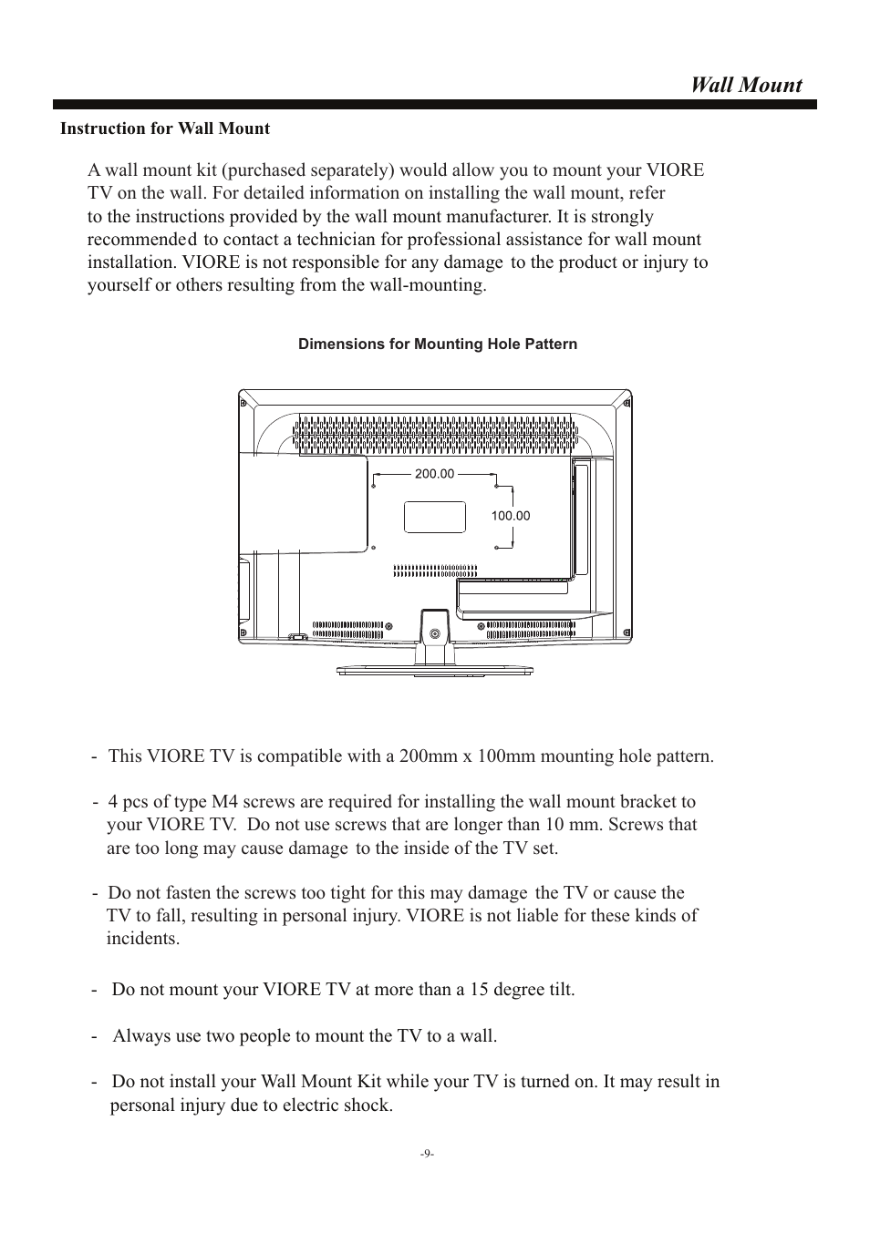 页 10, Wall mount | VIORE LED26VF50 User Manual | Page 10 / 17