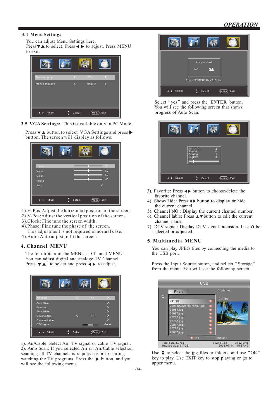 页 15, Operation, Channel menu | Multimedia menu | VIORE LED26VF50 User Manual | Page 15 / 17