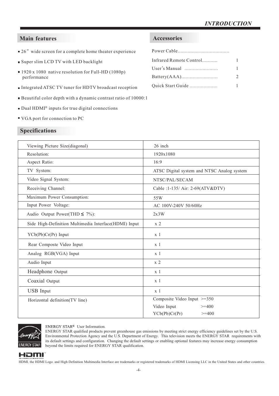 Introduction main features, Accessories, Specifications | VIORE LED26VF50 User Manual | Page 5 / 17
