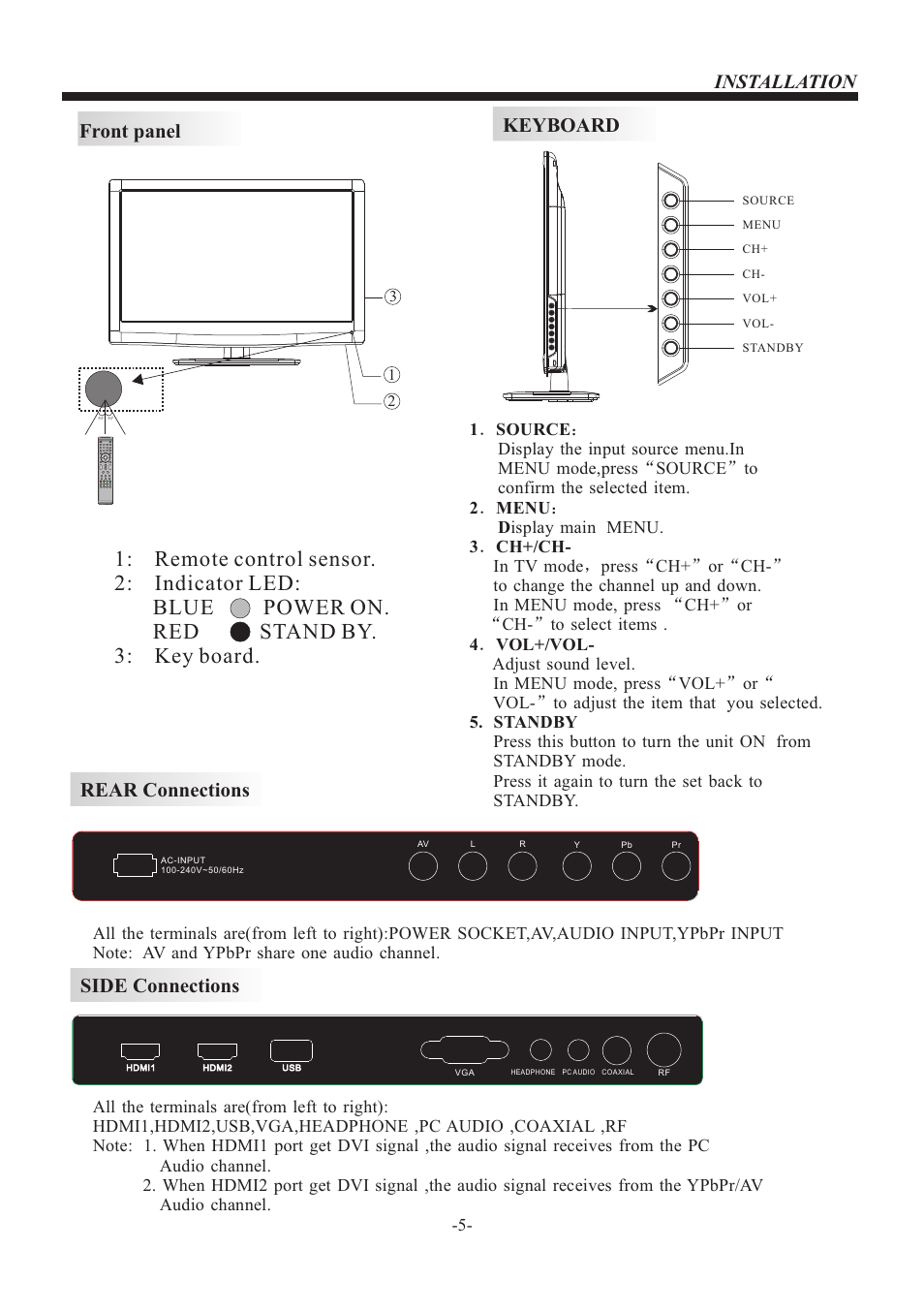 Installation keyboard, Front panel, Rear connections | Side connections | VIORE LED26VF50 User Manual | Page 6 / 17
