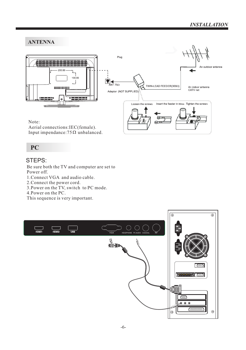 Steps, Antenna installation | VIORE LED26VF50 User Manual | Page 7 / 17