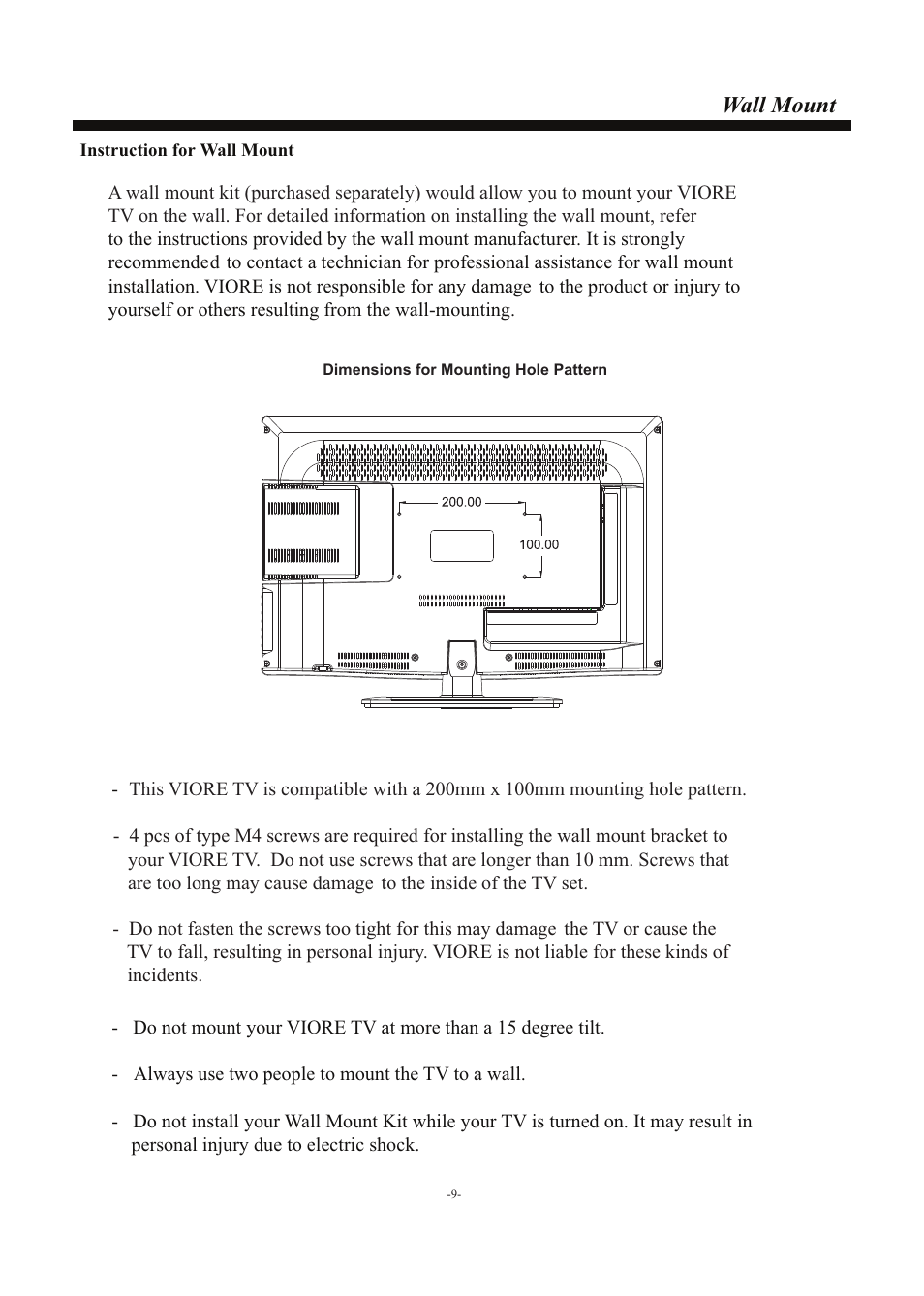 Wall mount | VIORE LED26VF55D User Manual | Page 10 / 23