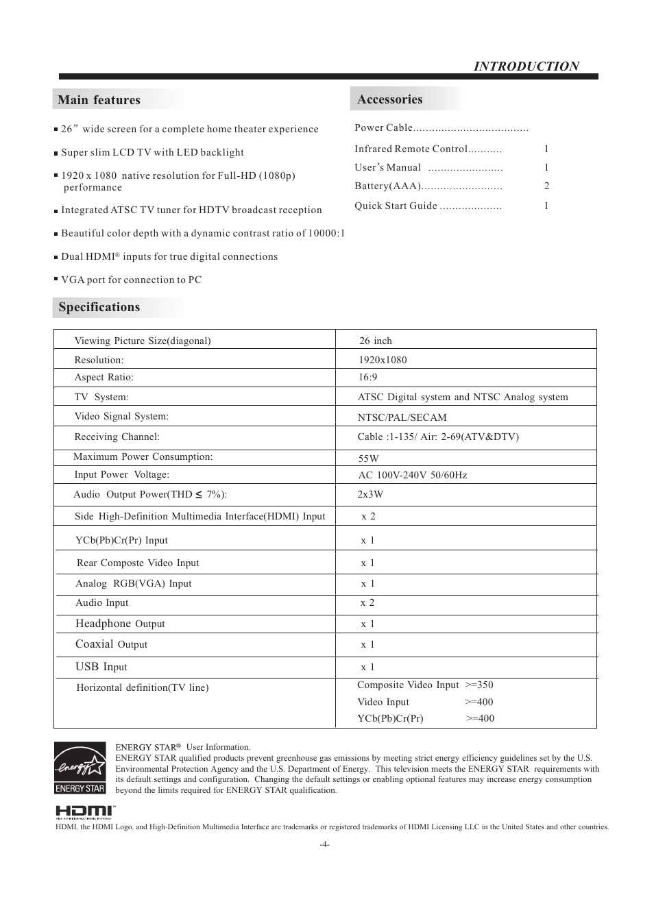 Introduction main features, Accessories, Specifications | VIORE LED26VF55D User Manual | Page 5 / 23