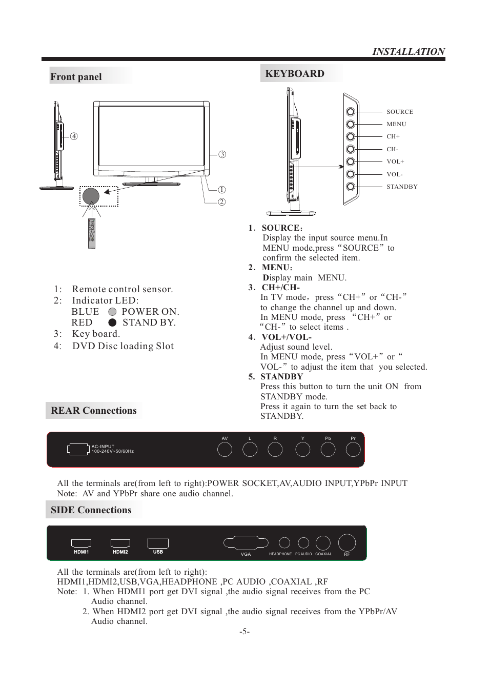 Keyboard, Front panel, Rear connections | Side connections, Installation | VIORE LED26VF55D User Manual | Page 6 / 23