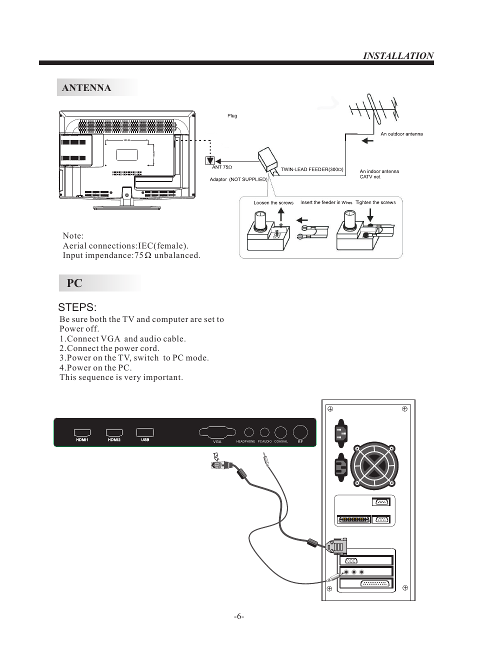 Steps, Antenna, Installation | VIORE LED26VF55D User Manual | Page 7 / 23