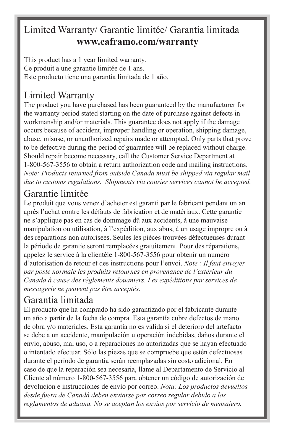 Limited warranty, Garantie limitée, Garantía limitada | Caframo Camano 743CA-WBX User Manual | Page 4 / 7
