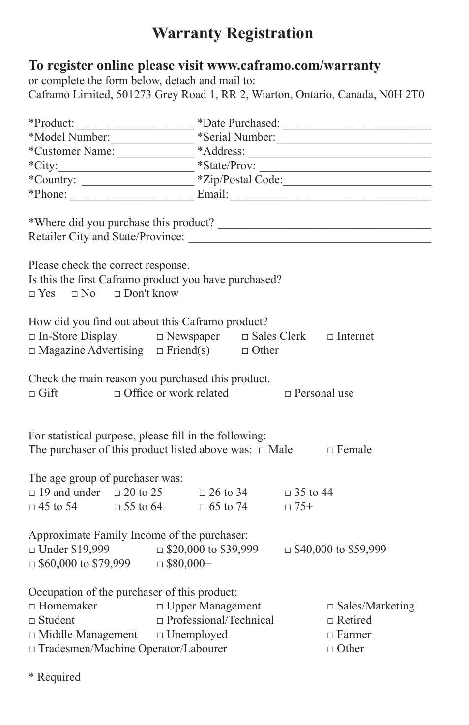 Warranty registration | Caframo Camano 743CA-WBX User Manual | Page 5 / 7