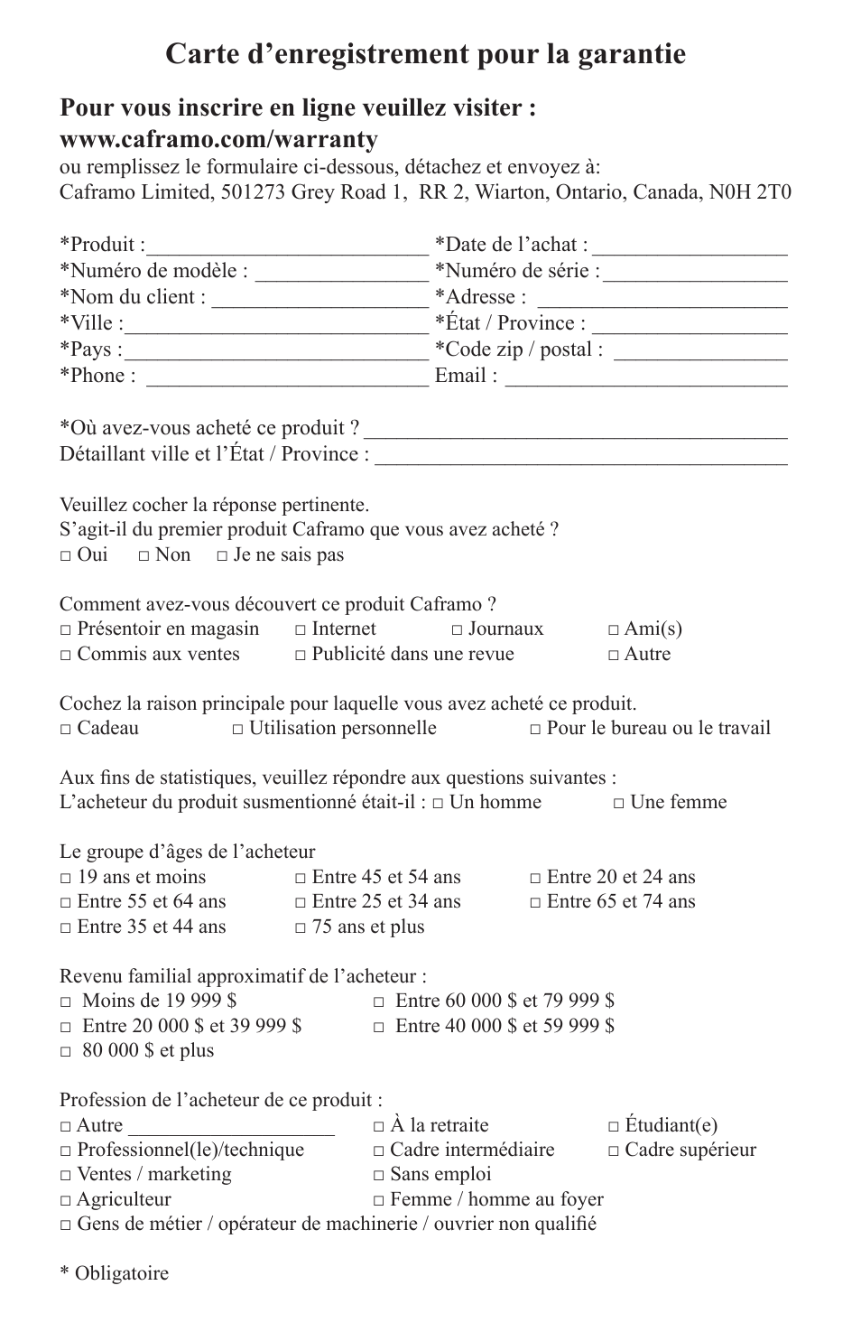 Carte d’enregistrement pour la garantie | Caframo Camano 743CA-WBX User Manual | Page 6 / 7