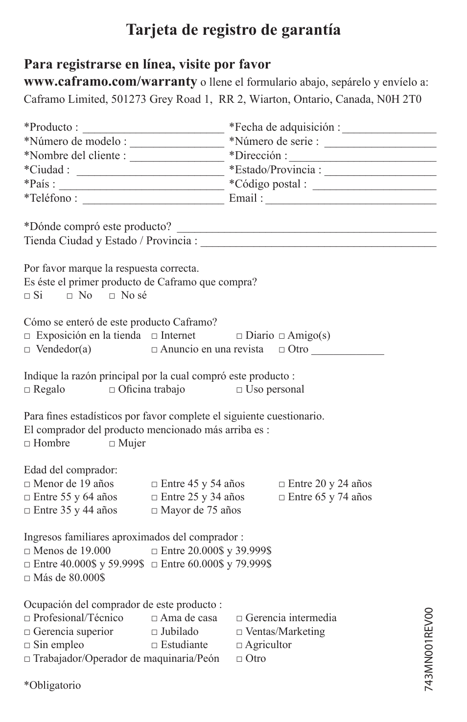 Tarjeta de registro de garantía | Caframo Camano 743CA-WBX User Manual | Page 7 / 7