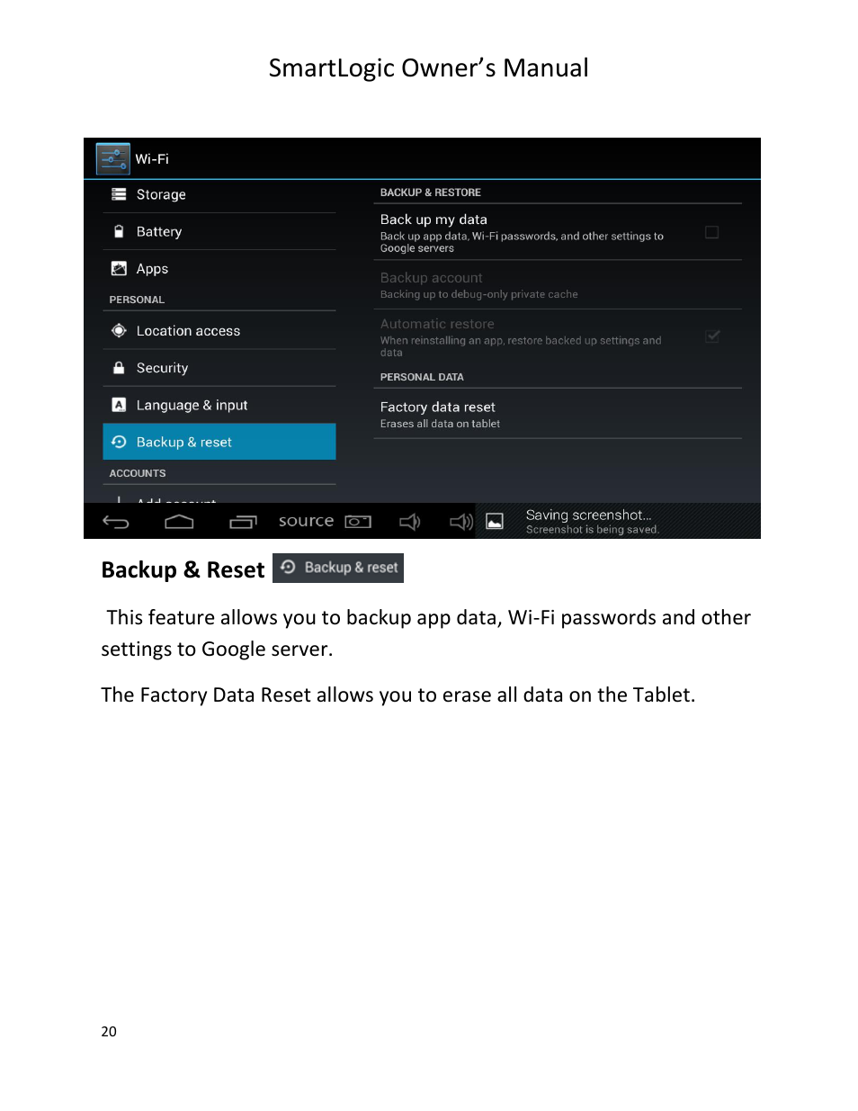 Smartlogic owner’s manual, Backup & reset | Vizualogic SmartLogic User Manual | Page 20 / 48