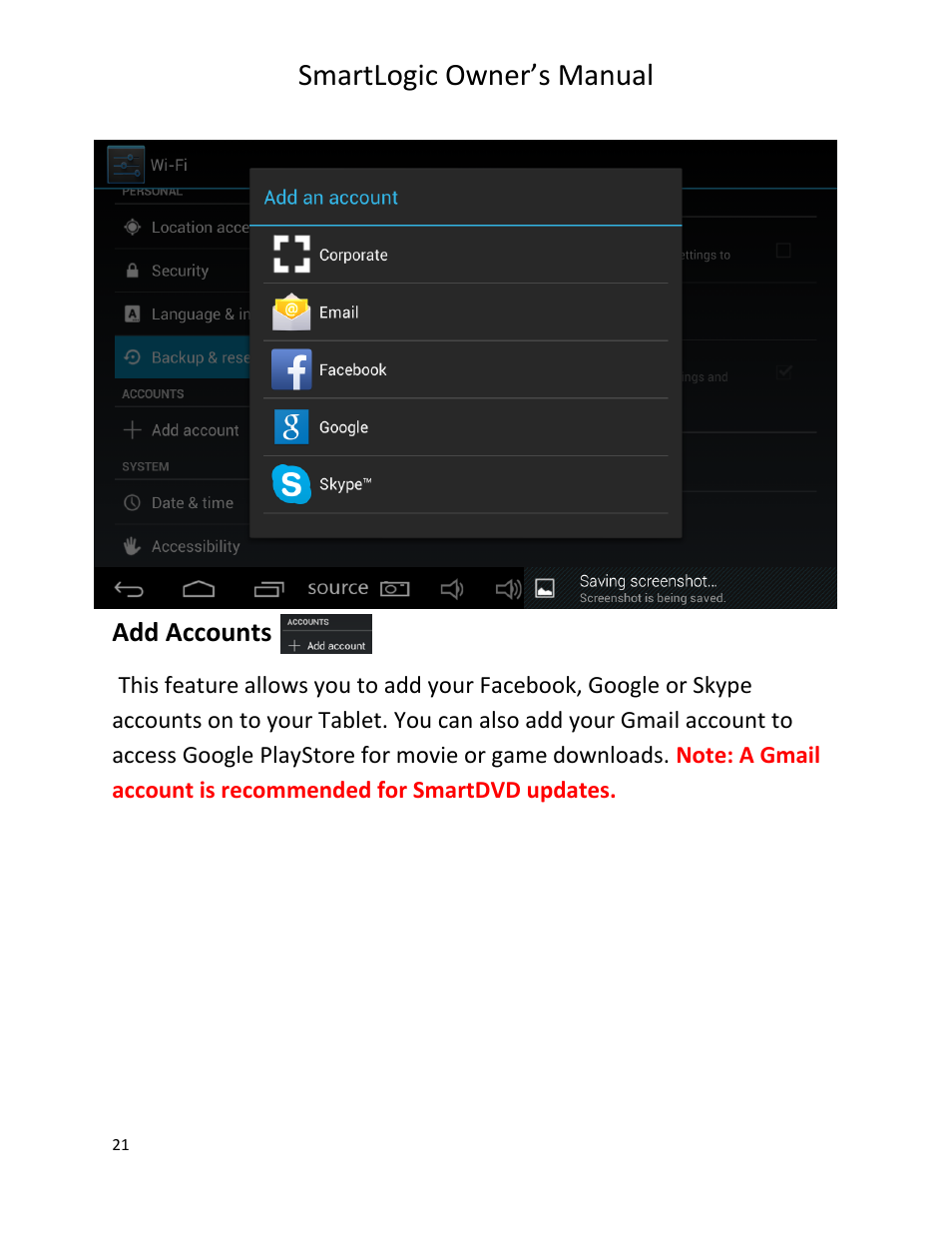 Smartlogic owner’s manual, Add accounts | Vizualogic SmartLogic User Manual | Page 21 / 48