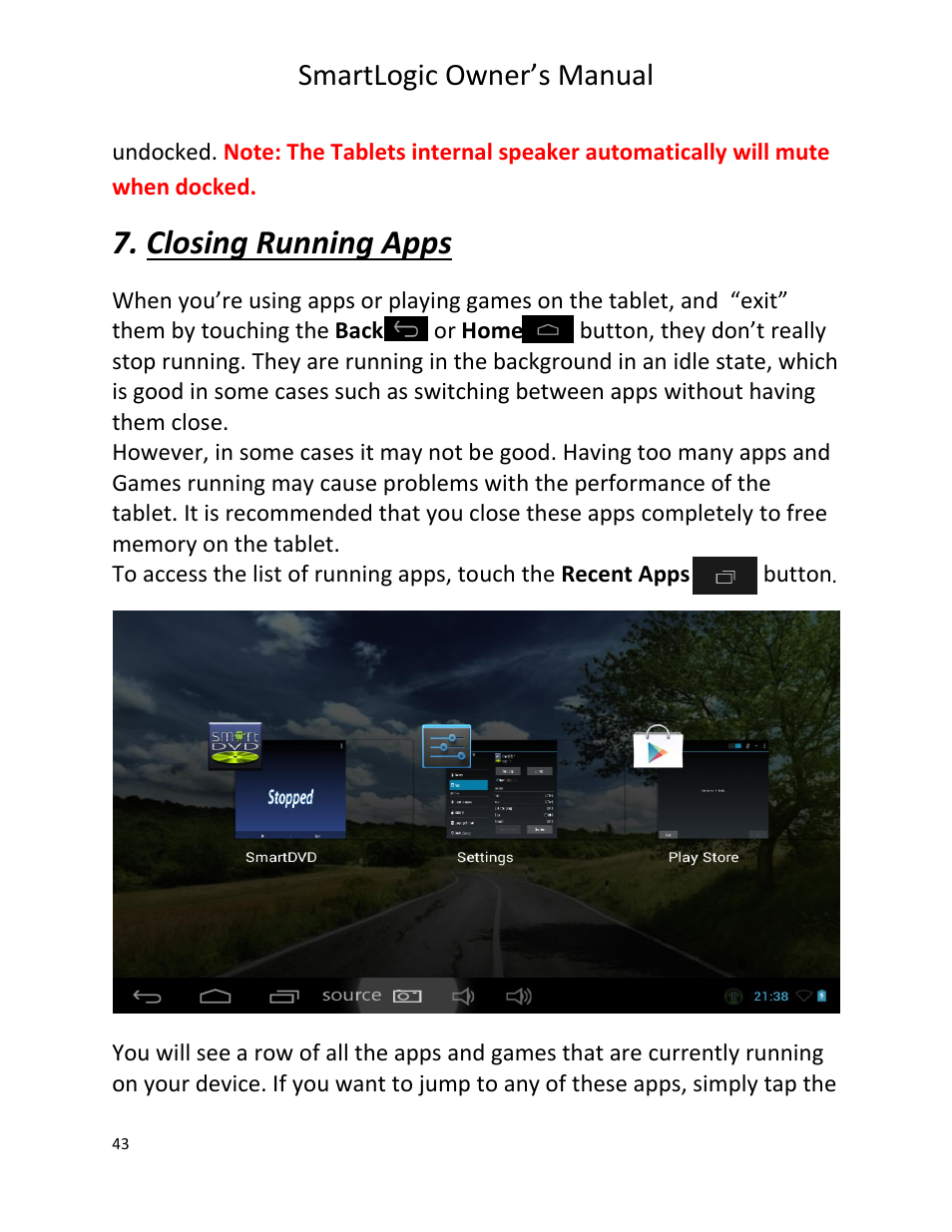 Closing running apps, Smartlogic owner’s manual | Vizualogic SmartLogic User Manual | Page 43 / 48