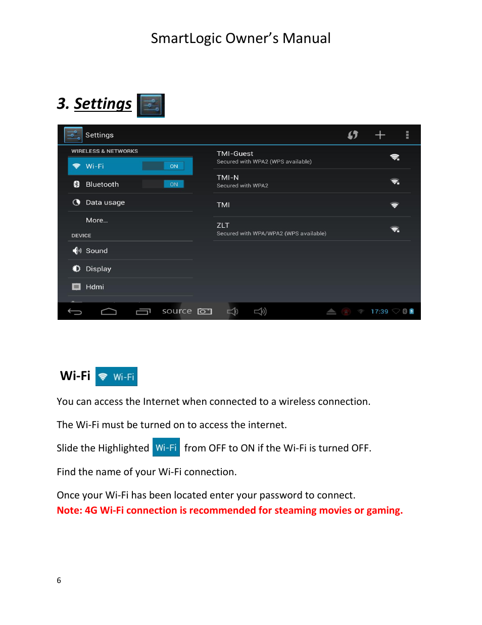 Settings, Smartlogic owner’s manual, Wi-fi | Vizualogic SmartLogic User Manual | Page 6 / 48